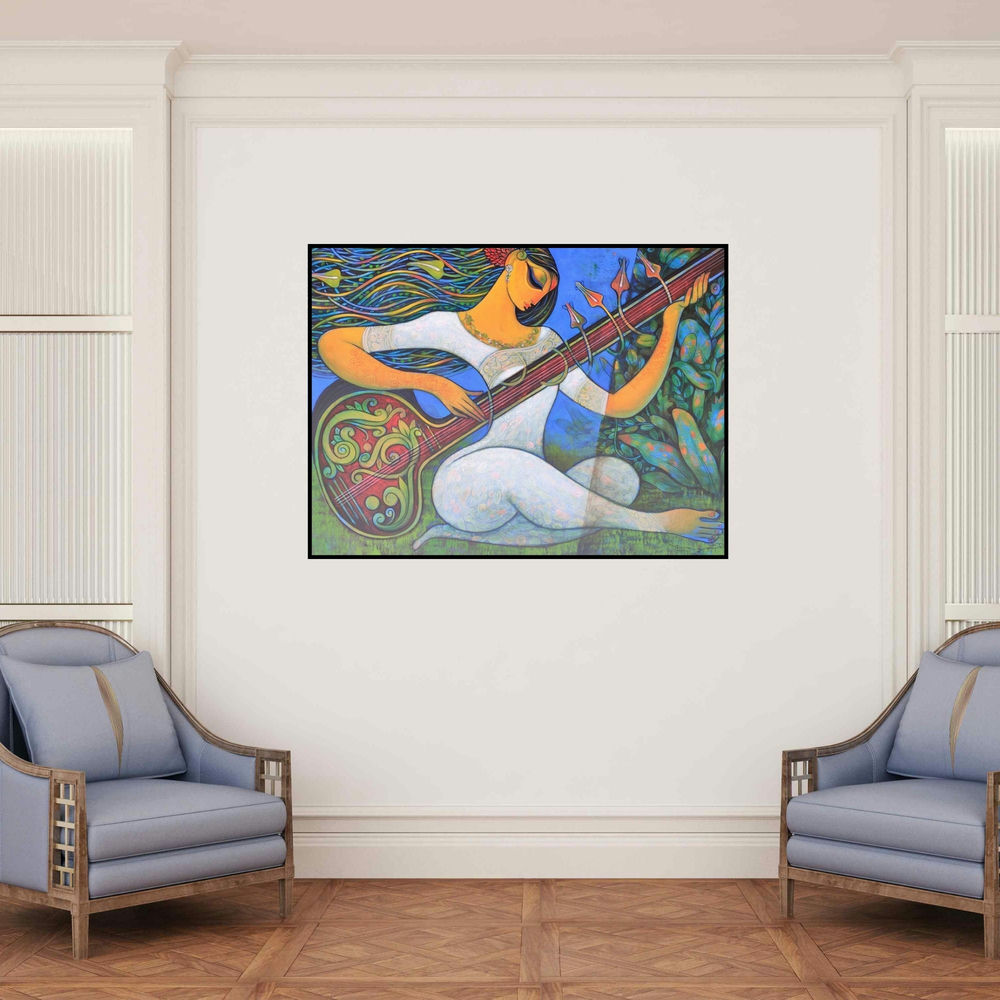 'Sitar Vadan 2 (The Cosmic Cow)' painting by Ramesh Gujar shown on a wall in a furnished room.