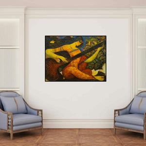 'Sitar Vadan 4' painting by Ramesh Gujar shown on a wall in a furnished room.