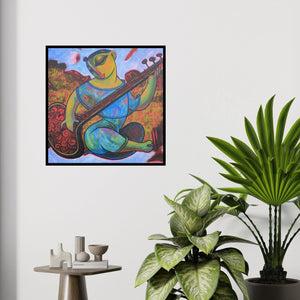 In-situ view of Ramesh Gujar's 'Sitar Vadan 5 (Women with Offering)' painting in a room