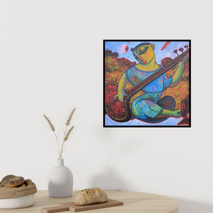 Preview of 'Sitar Vadan 5 (Women with Offering)' Painting by Ramesh Gujar shown on a wall in a furnished room.