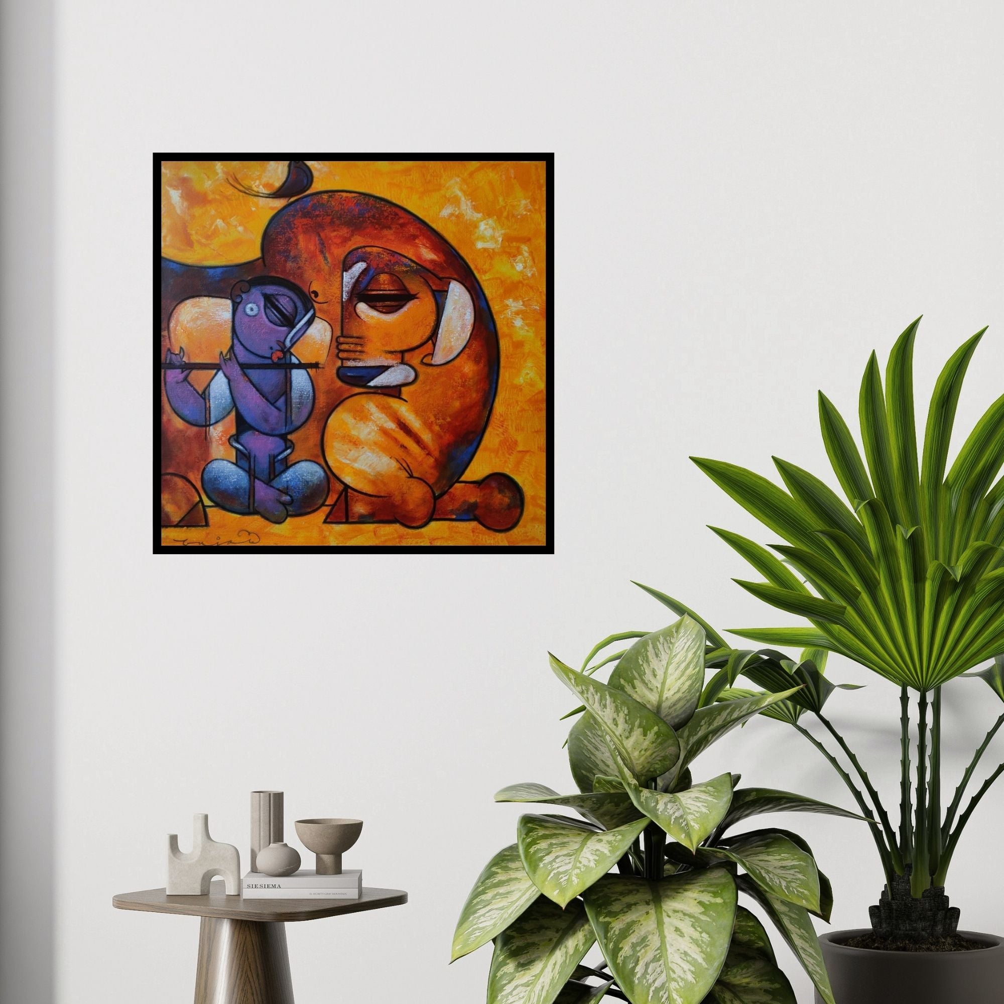 In-situ view of Ramesh Gujar's 'Sitar Vadan 6 (Divine Duet)' painting in a room