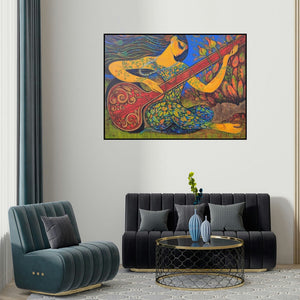 Ramesh Gujar's 'Sitar Vadan 6' painting visualized above a sofa in a contemporary room.