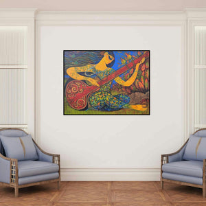 'Sitar Vadan 6' painting by Ramesh Gujar shown on a wall in a furnished room.