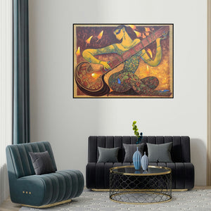 'Sitar Vadan 7' painting by Ramesh Gujar shown on a wall in a furnished room.