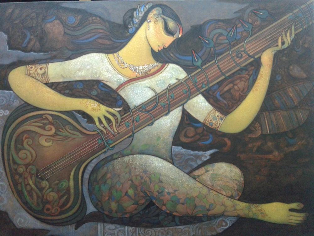 Figurative acrylic painting titled 'Sitar Vadan', 36x48 inches, by artist Ramesh Gujar on Canvas
