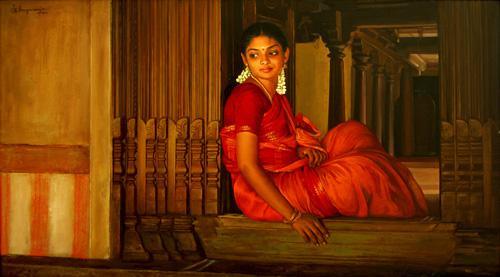 Figurative oil painting titled 'Sitting at the Door Step', 13x24 inches, by artist S Elayaraja on Canvas
