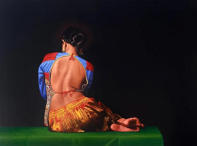 Figurative mixed-media painting titled 'Sitting Lady 5', 30x40 inch, by artist Shashikant Dhotre on Paper