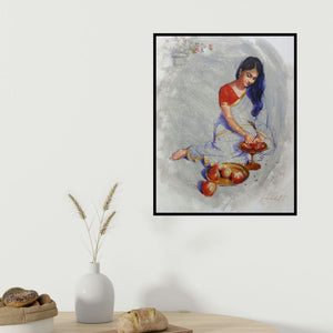 Vijay Jadhav's 'Sitting Lady (Pomegranate Beauty)' painting visualized above a sofa in a contemporary room.