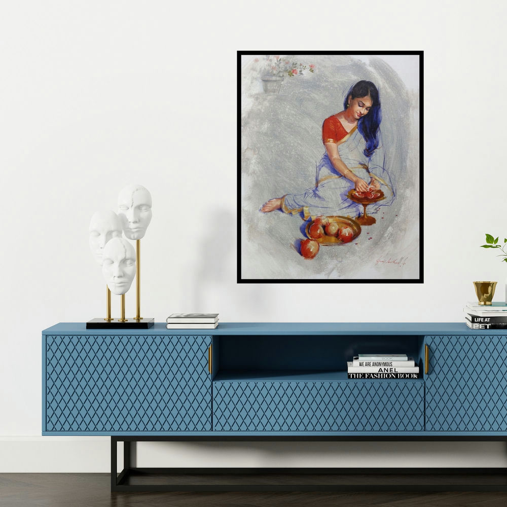 'Sitting Lady (Pomegranate Beauty)' painting by Vijay Jadhav shown on a wall in a furnished room.