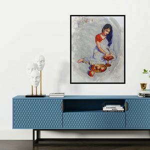 'Sitting Lady (Pomegranate Beauty)' painting by Vijay Jadhav shown on a wall in a furnished room.