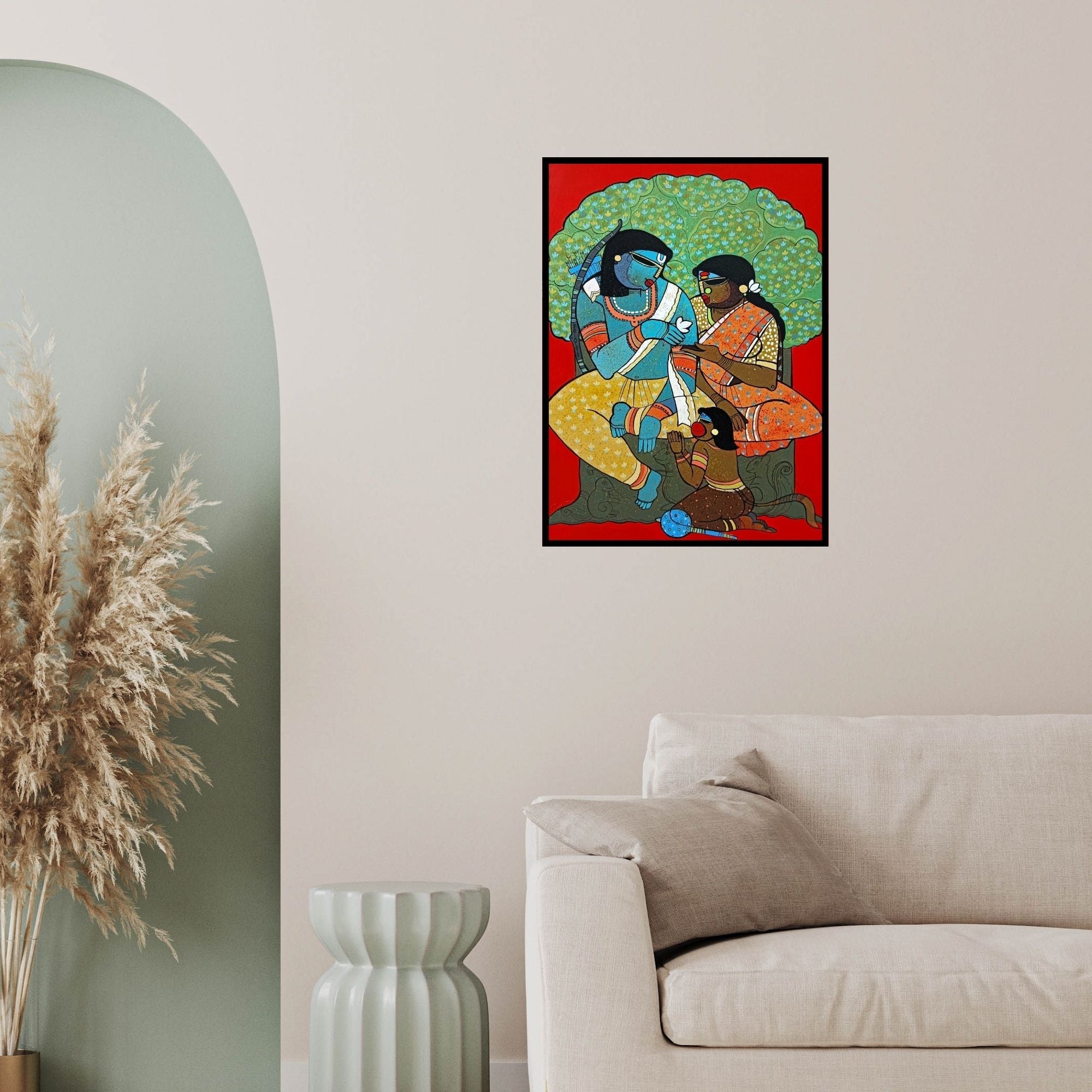 In-situ view of Priyanka Chivte's 'Siyaram 1 (Rama, Sita and Hanuman under Tree)' painting in a room