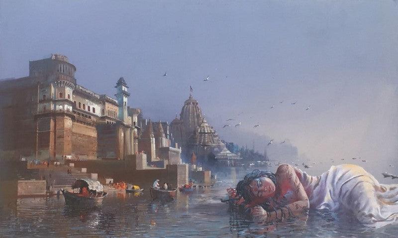 Cityscape acrylic painting titled 'Sleeping Ganga On Gangakashi', 36x72 inches, by artist Bijay Biswaal on Canvas