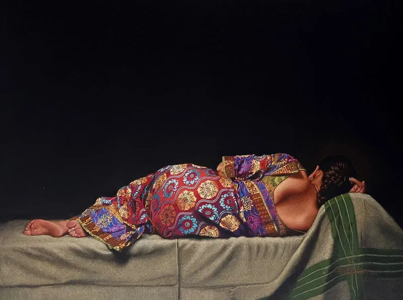 Figurative mixed-media painting titled 'Sleeping Lady', 30x40 inch, by artist Shashikant Dhotre on Paper