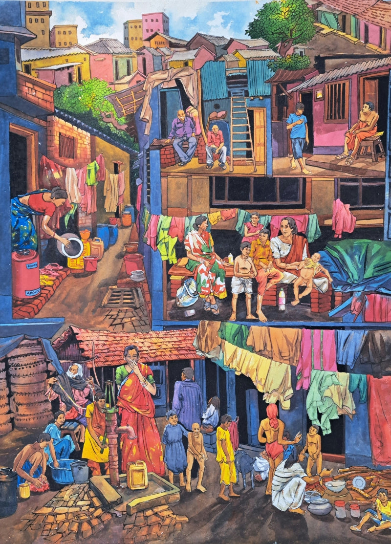 'Slum 1' figurative watercolor painting by artist Krishnapada Maity, 30x22 inch, on paper