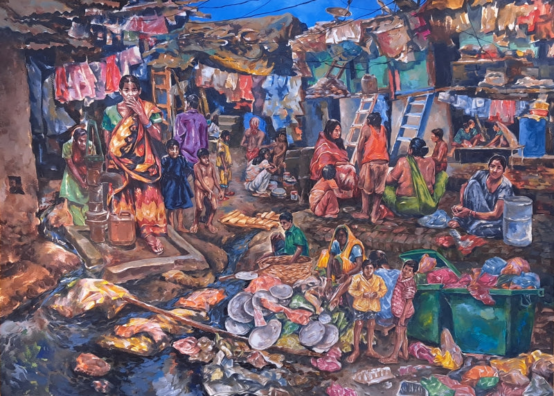 'Slum 2' figurative watercolor painting by artist Krishnapada Maity, 22x30 inch, on paper