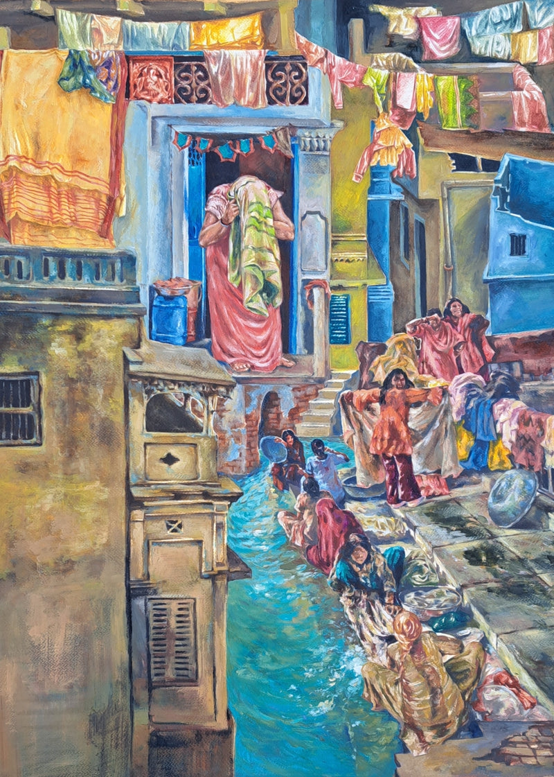 'Slum 3' figurative watercolor painting by artist Krishnapada Maity, 30x22 inch, on paper