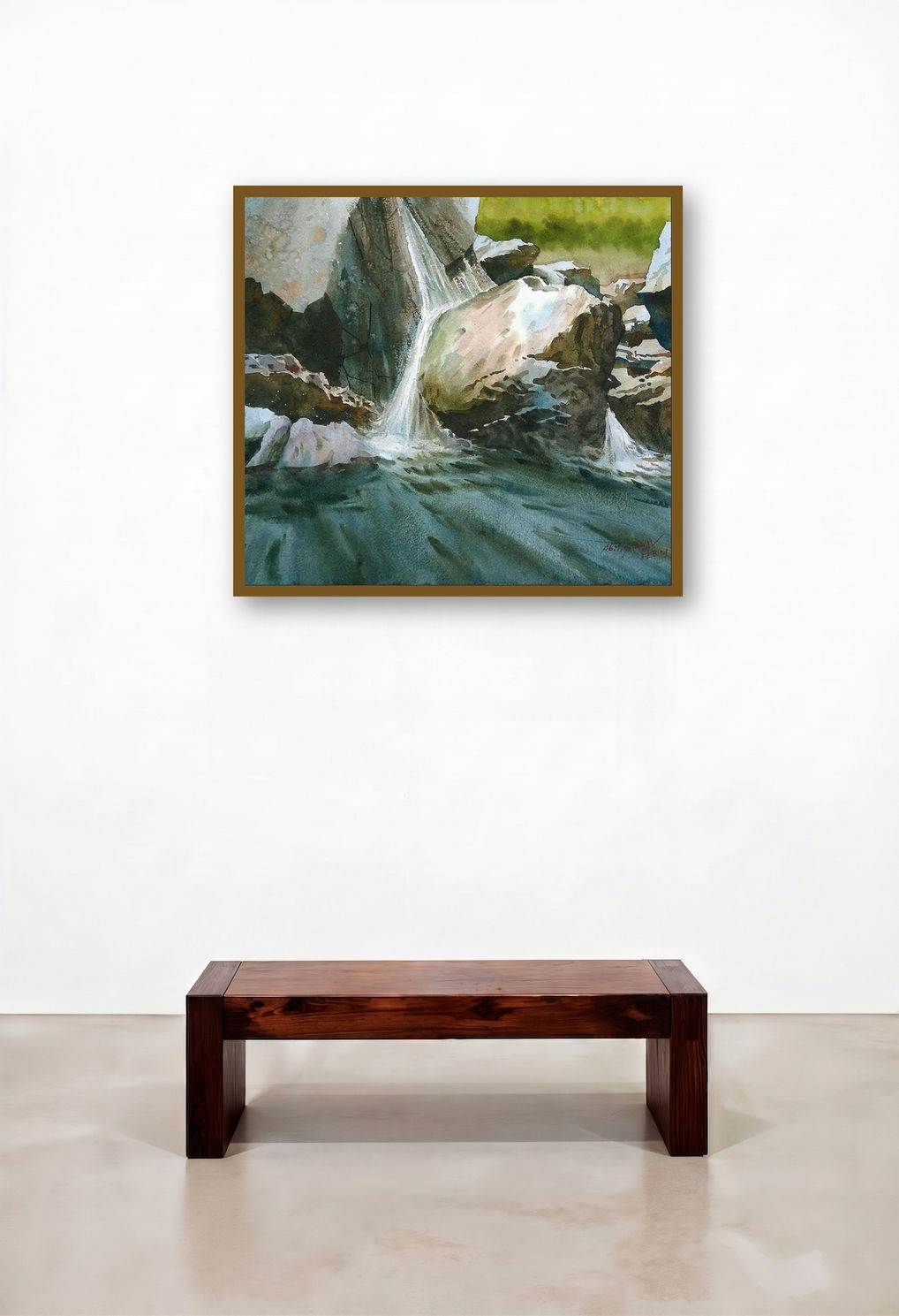 Small Waterfall (Mountain Stream) by artist Abhijit Jadhav displayed in a Contemporary Luxury Lounge