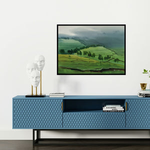 Preview of 'Smell The Mist (Enveloped in Mist)' Painting by Prashant Prabhu shown on a wall in a furnished room.