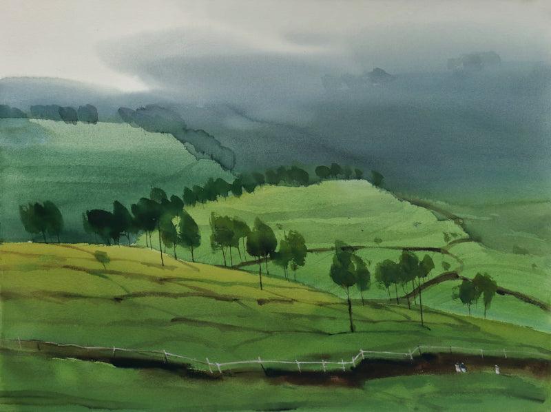 Landscape watercolor painting titled 'Smell The Mist', 22x30 inches, by artist Prashant Prabhu on Arches Paper