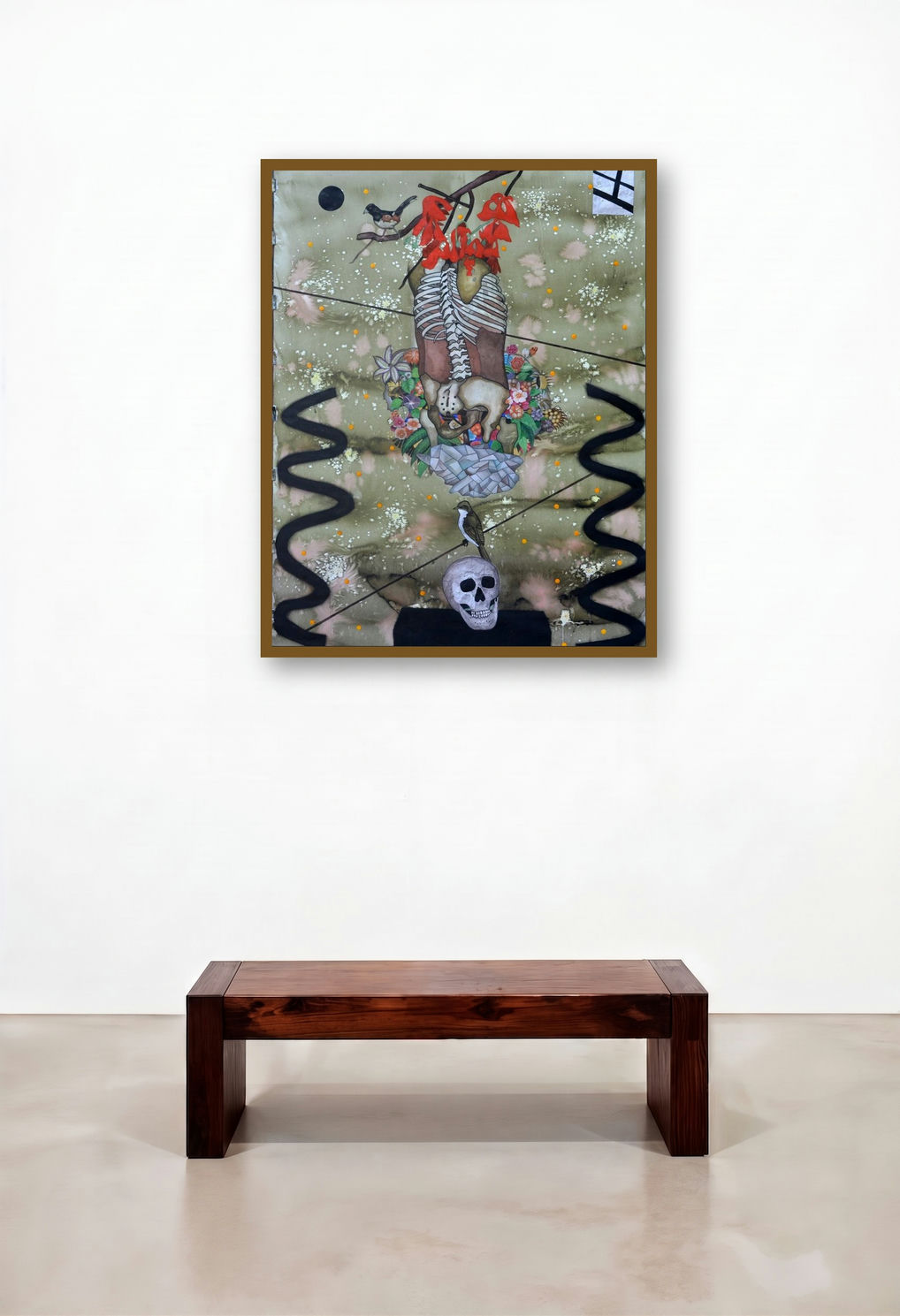 Smiling Potrait And Red Flower (The Dance of Life and Death) by artist Haraprasad Tripathy displayed in a Industrial Hotel Lobby