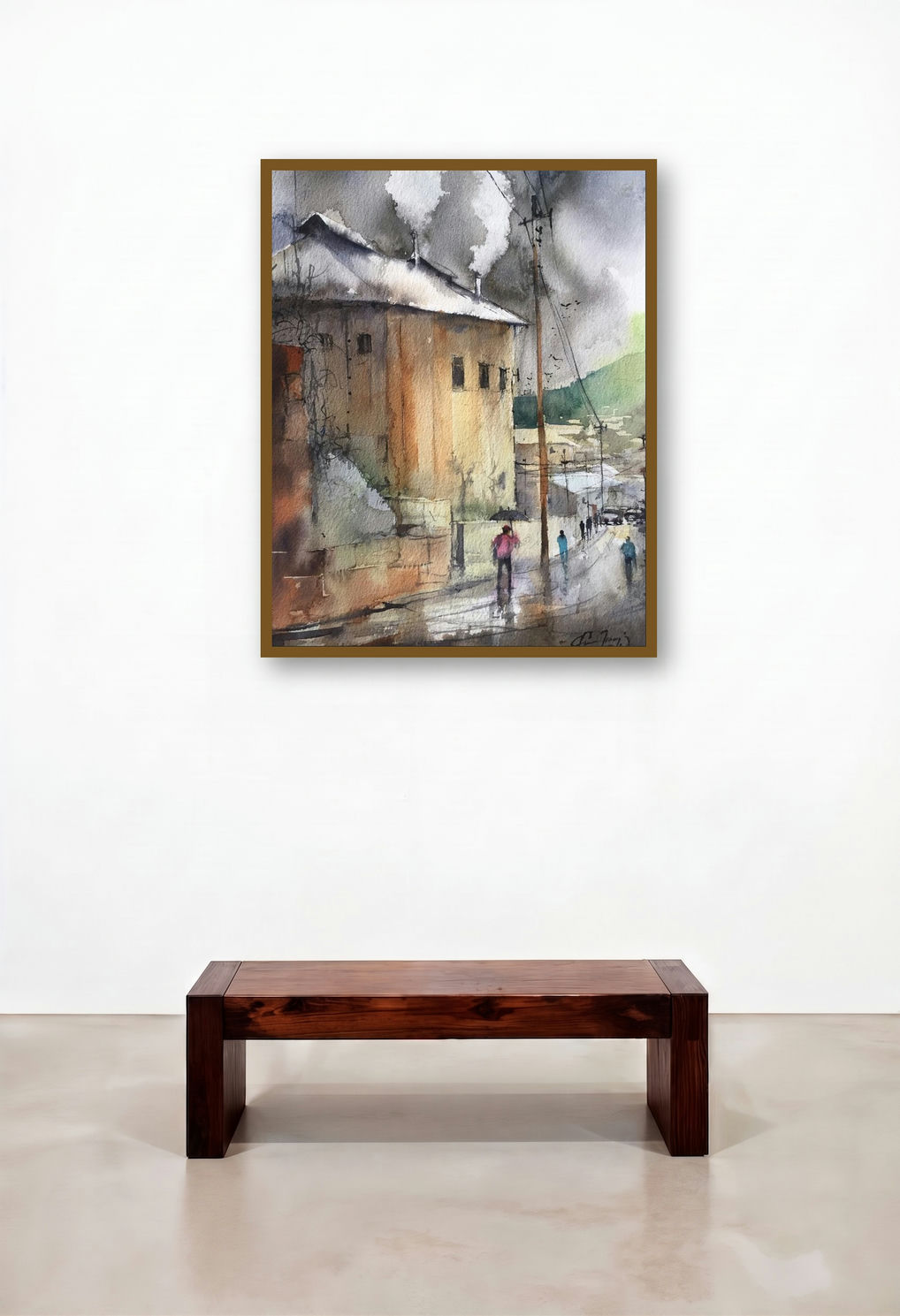 Smoke From Cottage (Rainy Day Stroll) by artist Mohd Qaseem Farooqui displayed in a Transitional Dining Room