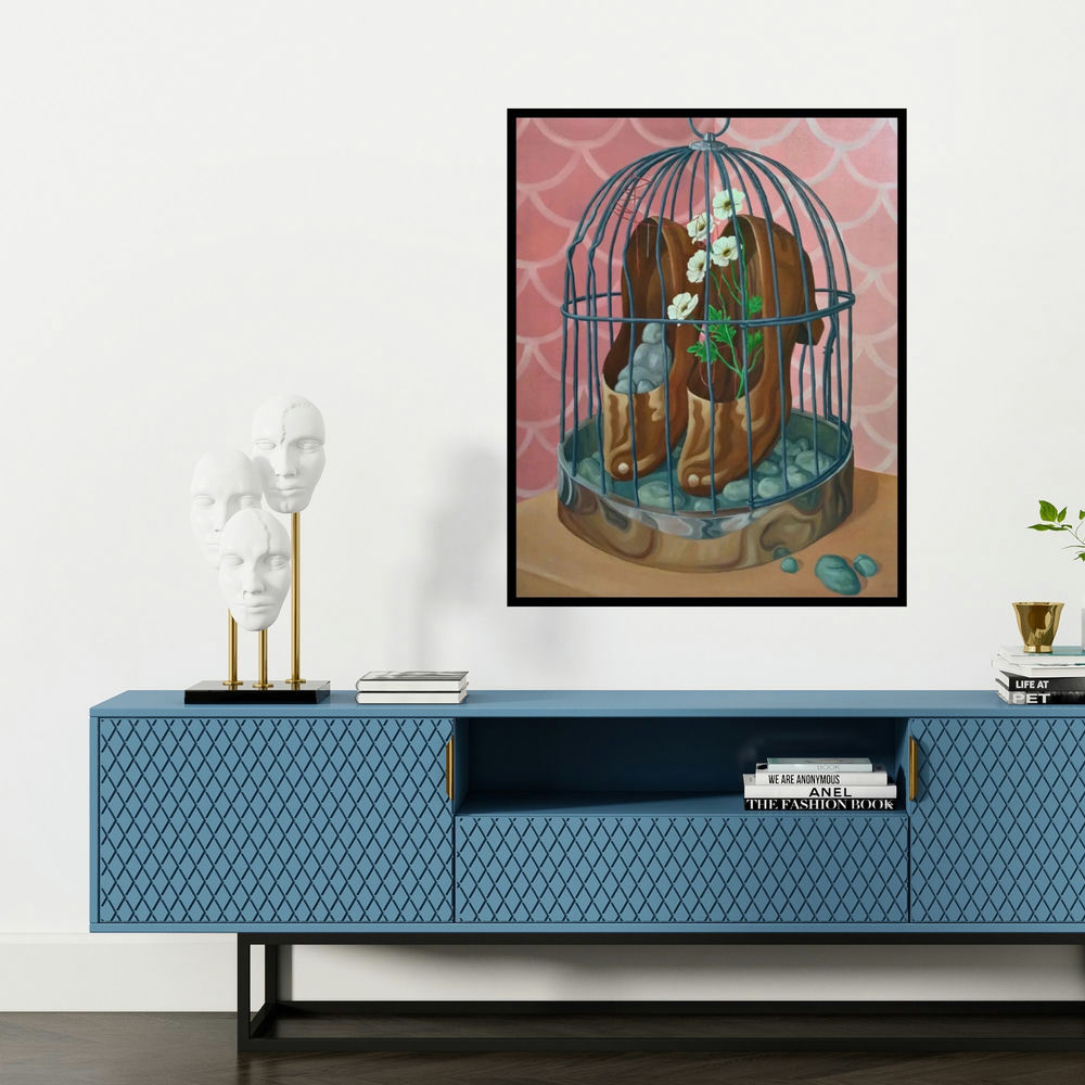 'Culture Of Domesticity (Trapped)' painting by Tarun Rajvansi shown on a wall in a furnished room.