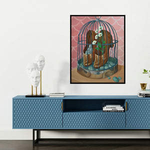'Culture Of Domesticity (Trapped)' painting by Tarun Rajvansi shown on a wall in a furnished room.