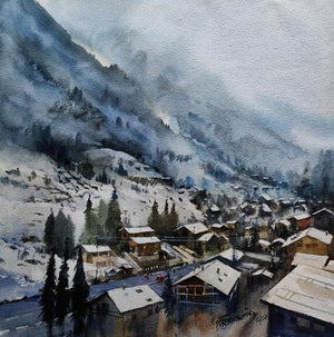 Cityscape watercolor painting titled 'Snowy', 15x15 inches, by artist Purendra Deogirkar on Paper