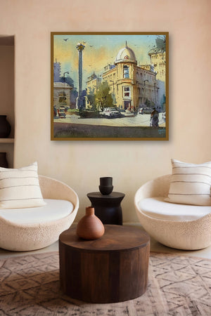 Soak In The Afternoon (Afternoon City) by artist Gulshan Achari displayed in a Museum Style gallery