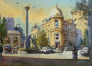 Soak In The Afternoon (Afternoon City) by Gulshan Achari, Original Watercolor Cityscape Painting on Paper, X-Small Horizontal Wall Art