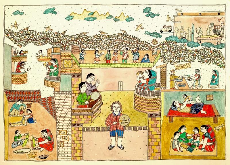 Figurative acrylic painting titled 'Social Harmony', 22x30 inches, by artist Avinash Karn on Paper