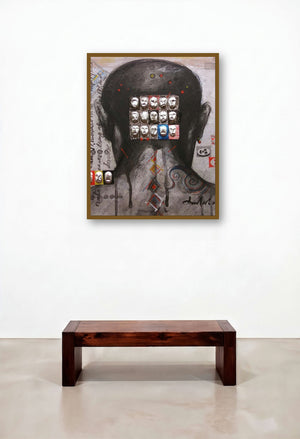 Society 1 (The Masks We Wear) by artist Amalesh Das displayed in a Urban Loft Hallway