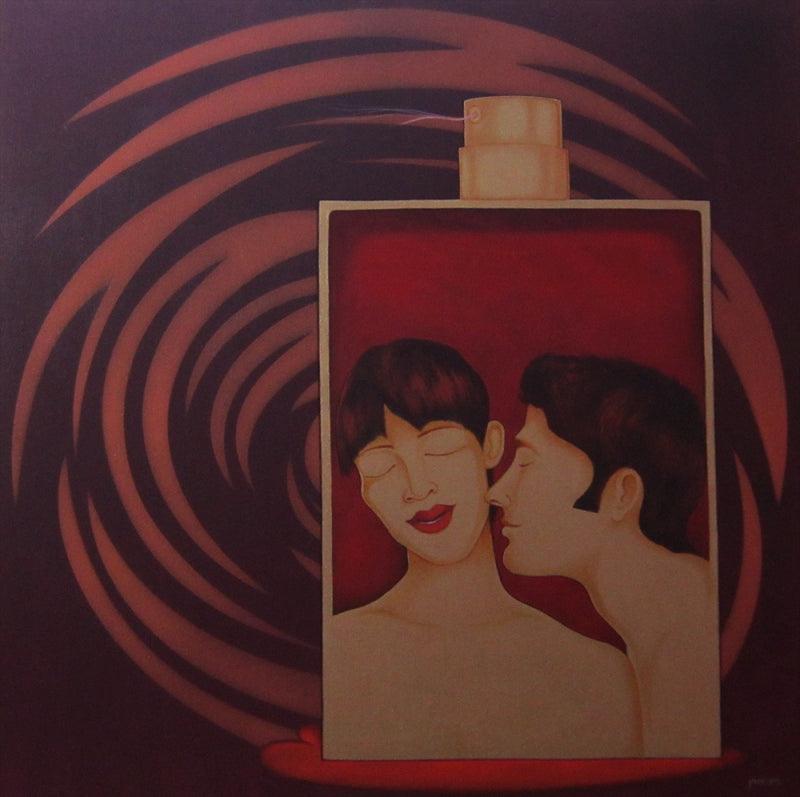 Figurative acrylic painting titled 'Socio Economic Love 4', 24x24 inches, by artist Praveen Nair on Canvas