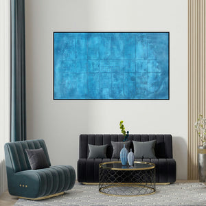 Mohit Bhatia's 'Solid Blue Abstarct I' painting visualized above a sofa in a contemporary room.