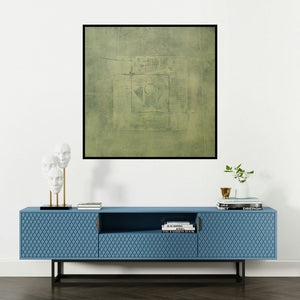'Solid Green Abstract I' painting by Mohit Bhatia shown on a wall in a furnished room.