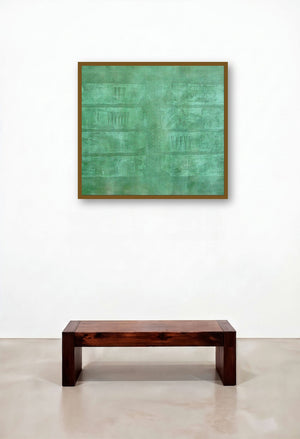 Solid Green Abstract Iii by artist Mohit Bhatia displayed in a Contemporary Luxury Dining Room