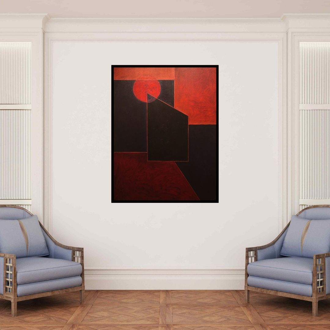 In-situ view of Surendra Chaware's 'Solitude 10 (Crimson Eclipse)' painting in a room