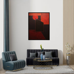 Preview of 'Solitude 10 (Crimson Eclipse)' Painting by Surendra Chaware shown on a wall in a furnished room.