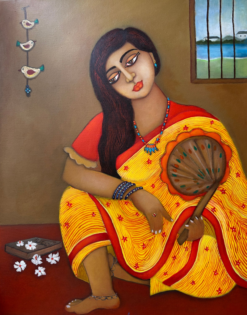 'Solitude' figurative acrylic painting by artist Piyali Sarkar, 30x24 inch, on canvas