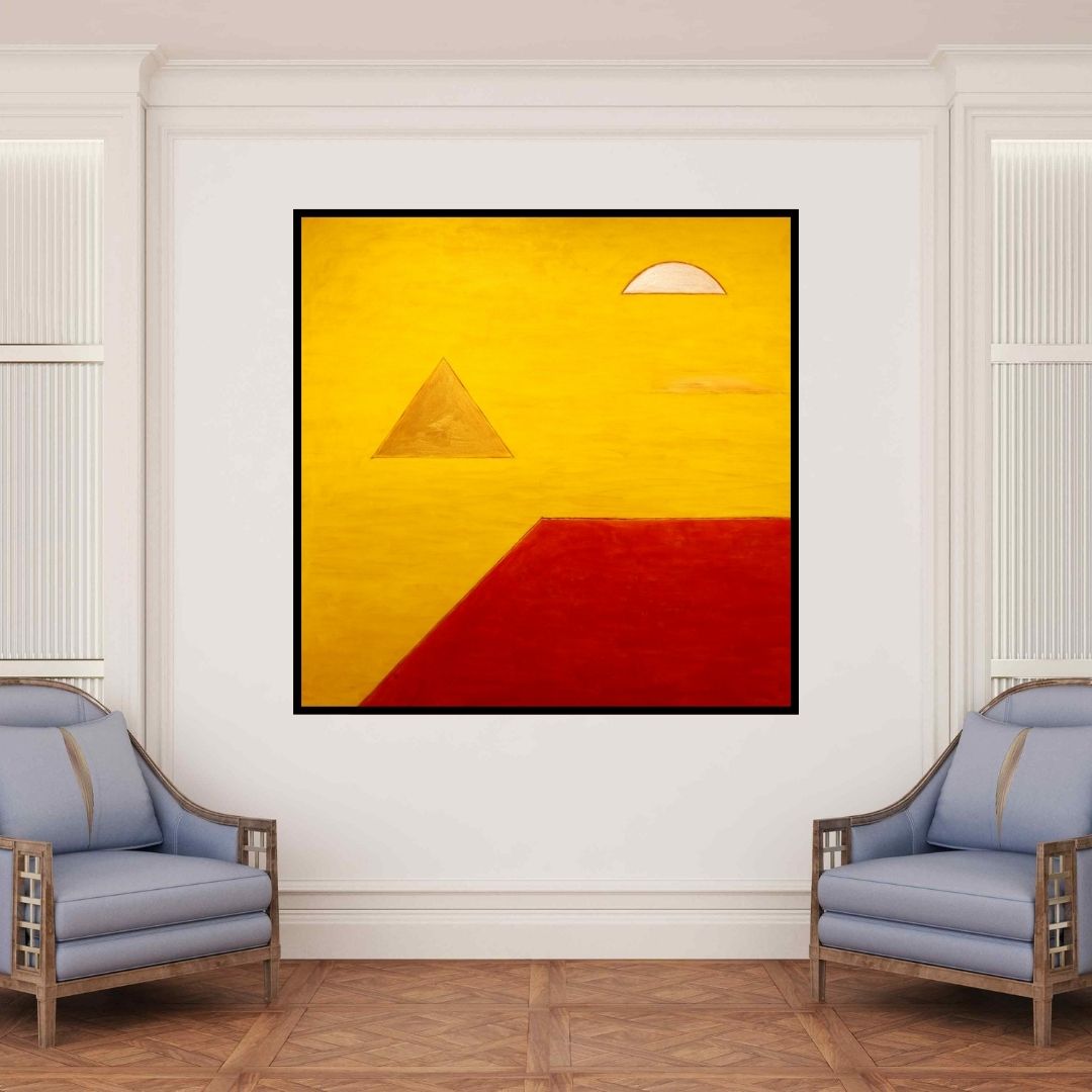 In-situ view of Surendra Chaware's 'Solitude 7 (Sun, Moon, and Pyramid)' painting in a room