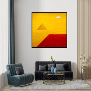 Preview of 'Solitude 7 (Sun, Moon, and Pyramid)' Painting by Surendra Chaware shown on a wall in a furnished room.