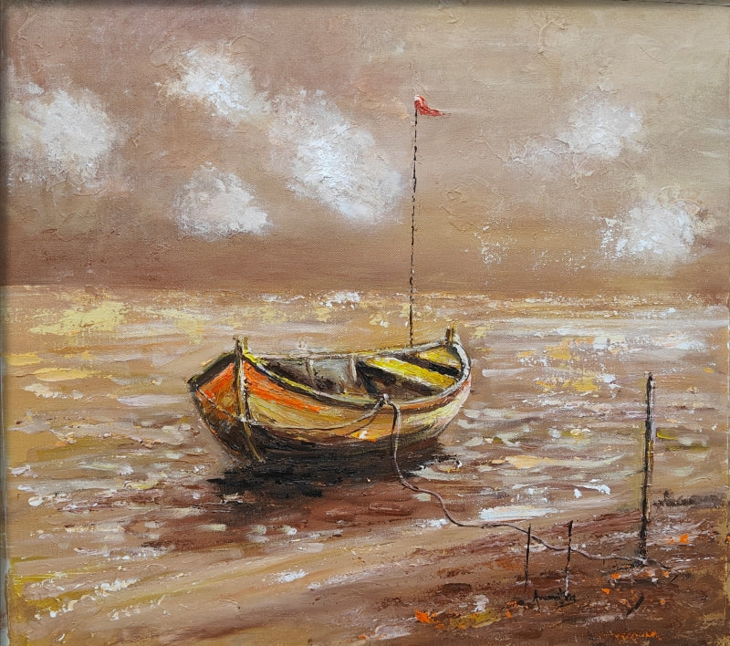 Solitude Anchor' seascape acrylic painting by artist Anumitra Basu Mandal, 20x20 inch, on canvas