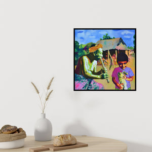 Preview of 'Song From The Heaven' Painting by Gayatri Artist shown on a wall in a furnished room.