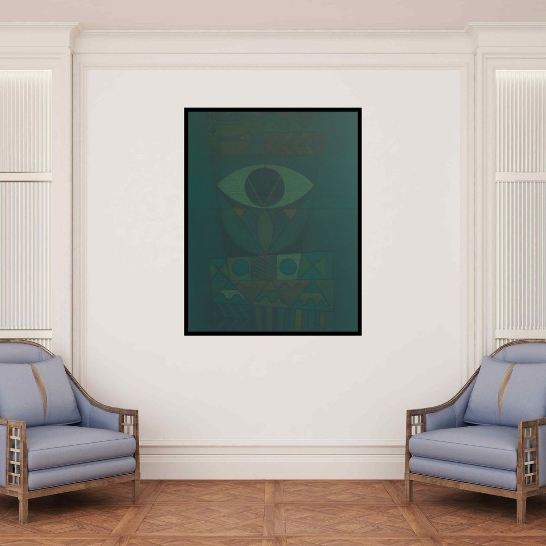 In-situ view of Digambar Gawali's 'Song Of Life 2 (Watcher on the Wall)' painting in a room