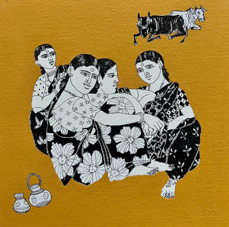 Figurative mixed media painting titled 'Song Of The Village 37', 12x12 inches, by artist Laxman Aelay on Canvas