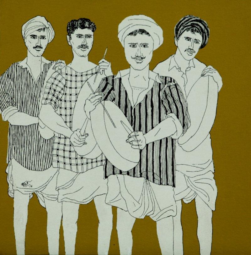 Figurative acrylic painting titled 'Song of the Village 9', 12x12 inches, by artist Laxman Aelay on Canvas