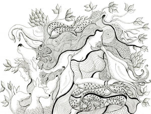 Song With Nature (The Interconnected Realm) by Hariom Kuthwaria, Original Pen Ink Contemporary Painting on Paper, X-Small Horizontal Wall Art