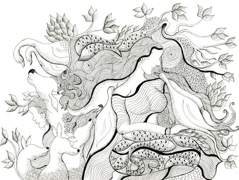 contemporary pen ink painting titled 'Song with Nature', 8x11 inches, by artist Hariom Kuthwaria on Paper