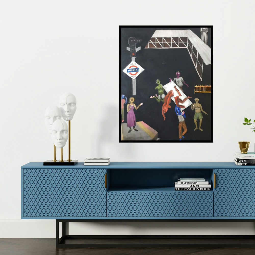 'Sooth 2 (Unfurling)' painting by Laxman Ahire shown on a wall in a furnished room.