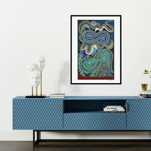 'Sorath Malhaar (Infinity Symbols and Text)' painting by Jyoti Bhatt shown on a wall in a furnished room.